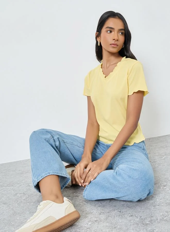 Take Two Take Two Solid Ribbed Lettuce Hem T-Shirt
