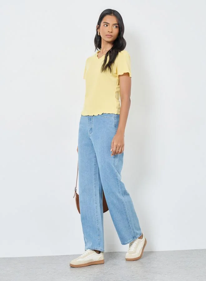 تايك تو Take Two Solid Ribbed Lettuce Hem T-Shirt