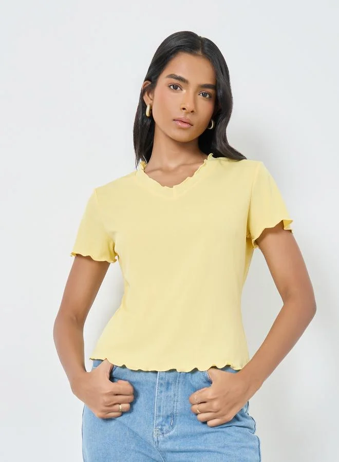Take Two Solid Ribbed Lettuce Hem T-Shirt