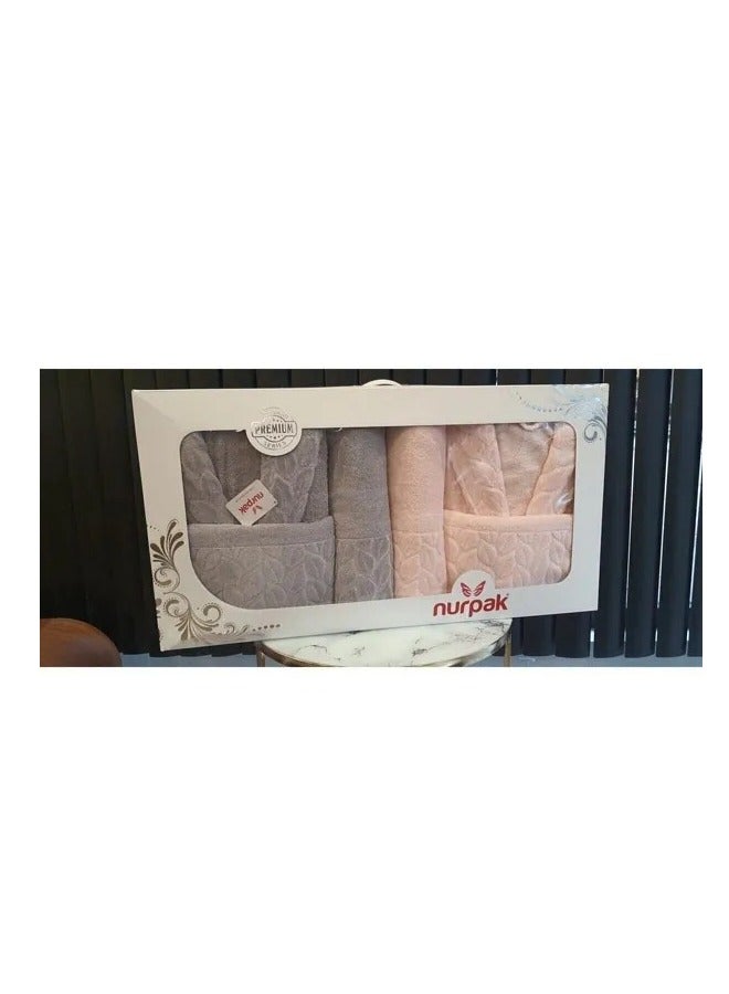 نورباك طقم روب حمام عائلي مكون من 10 قطع للنساء والرجال من القطن/مقاس فري سايز-رمادي/وردي - Image 1