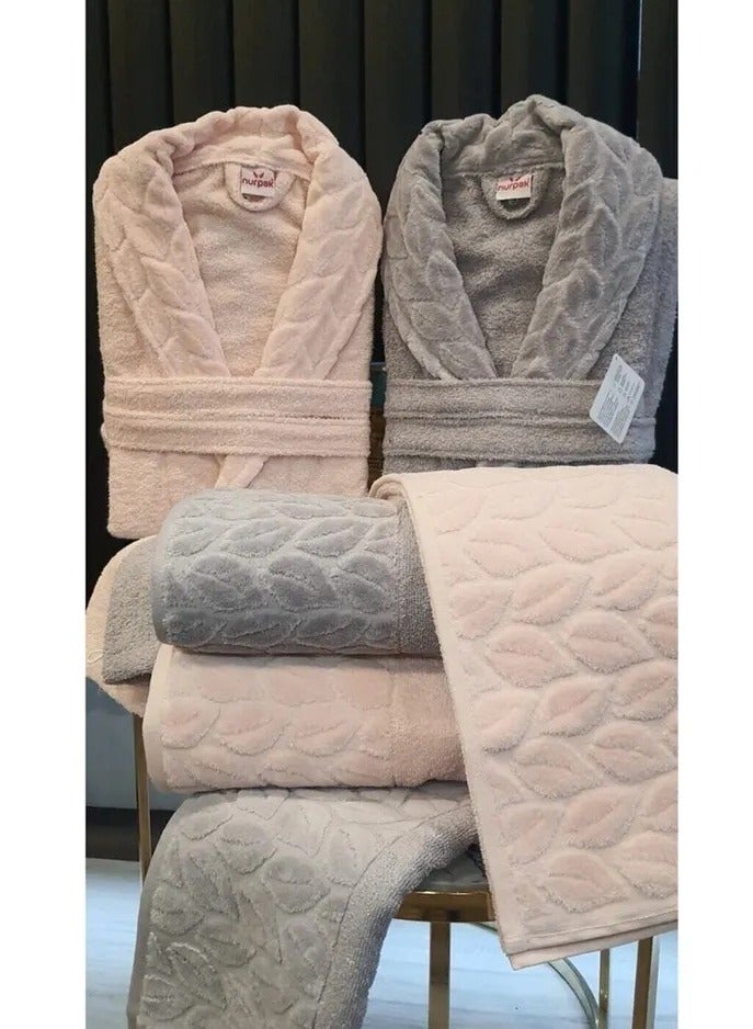 نورباك طقم روب حمام عائلي مكون من 10 قطع للنساء والرجال من القطن/مقاس فري سايز-رمادي/وردي - Image 2