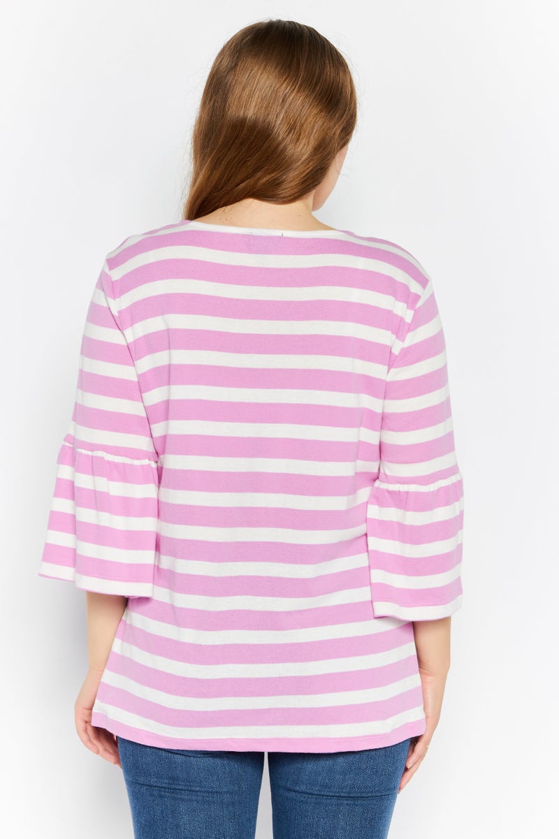 Jones New York Women Crew Neck Bell Sleeve Striped Top, Pink - Image 2