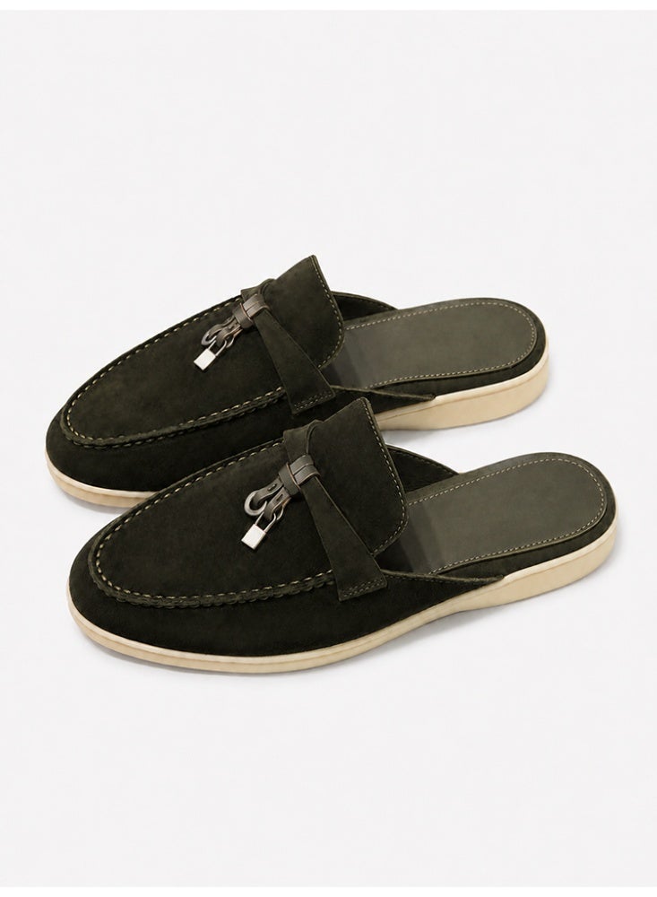 Women Flat Heel Fashion Design Mule Slides, Suede Loafers Genuine Leather Outdoor Slippers Flats Large Size 42 - Image 1