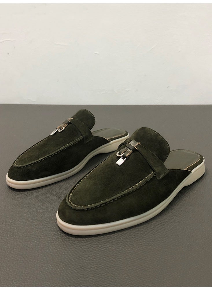 Women Flat Heel Fashion Design Mule Slides, Suede Loafers Genuine Leather Outdoor Slippers Flats Large Size 42 - Image 2