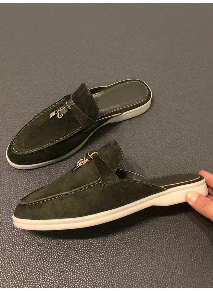 Women Flat Heel Fashion Design Mule Slides, Suede Loafers Genuine Leather Outdoor Slippers Flats Large Size 42 - Image 3