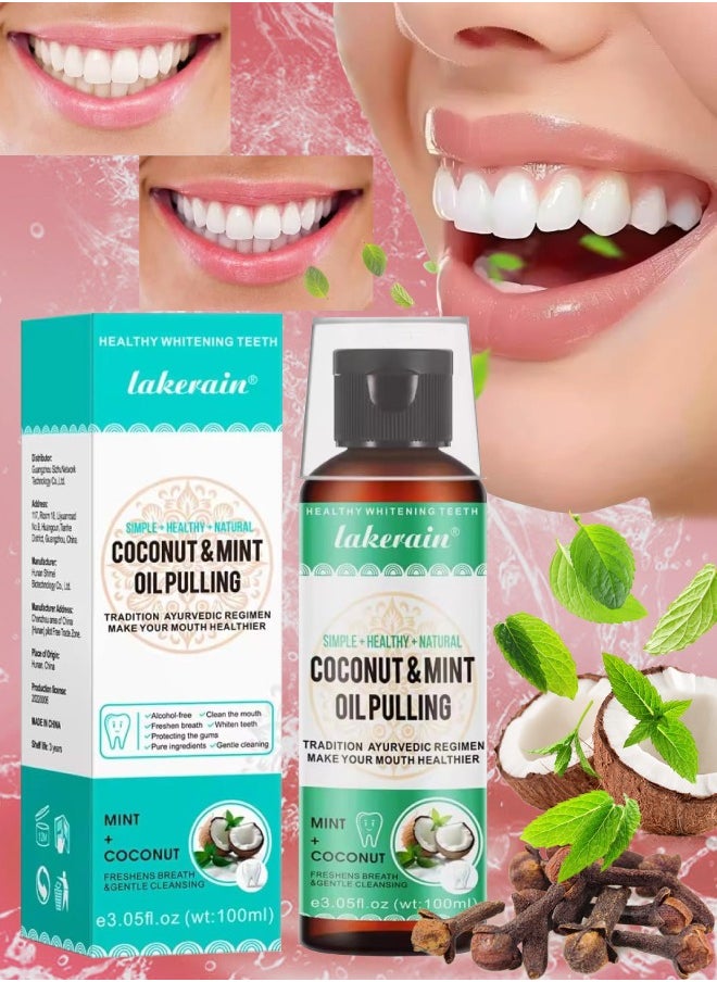 lakerain - 100ml Coconut Oil and Peppermint Oil Pulling Whitening Mouthwash Teeth Whitening Oil Pulling Mouthwash Natural Coconut Oil Pulling for Healthier Teeth and Gum Fresh Breath With 7 Natural Pulling Oil - Image 1