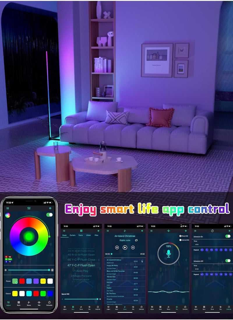 Corner Floor Lamp 165cm, 65" Smart RGB Floor Lamp, Dimmable LED Corner Lamp with Music Sync Color Changing APP Control Remote, Standing Floor Lamp, Multi Color
