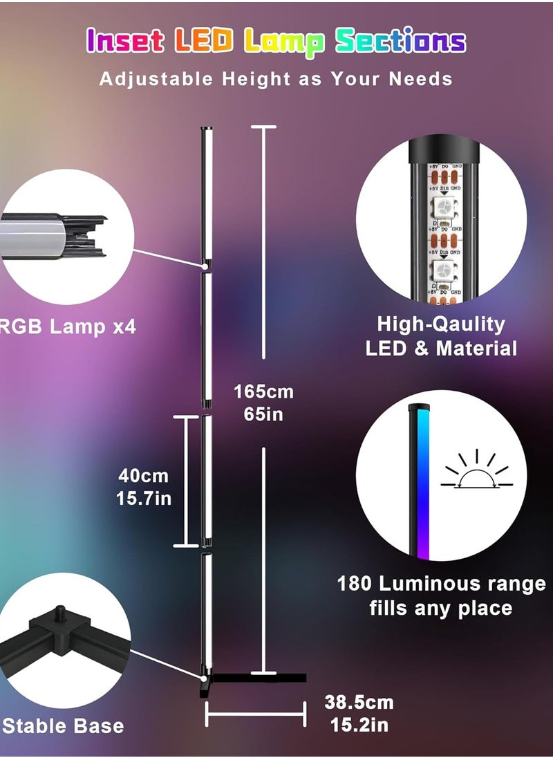 Corner Floor Lamp 165cm, 65" Smart RGB Floor Lamp, Dimmable LED Corner Lamp with Music Sync Color Changing APP Control Remote, Standing Floor Lamp, Multi Color