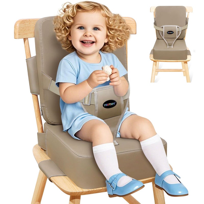 YONTINY Toddler Booster Seat for Kitchen Chair with Removable Backrest Adjustable Straps PU Portable Waterproof NonSlip Booster Seat for Dining Table Travel Child Eating Cushion Dark Coffee - Image 2
