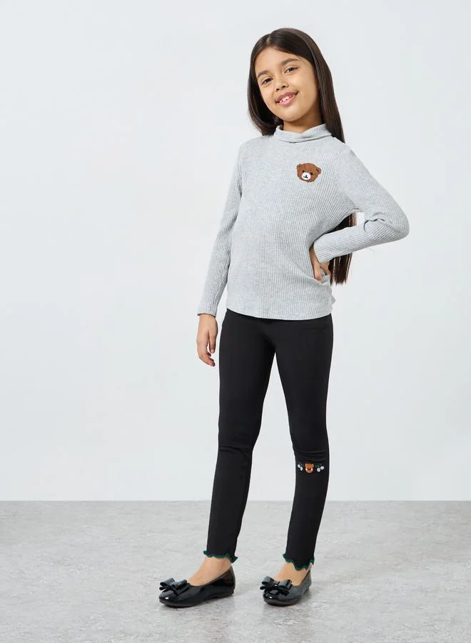 Styli Styli Girls Black Bear Embroidery Leggings