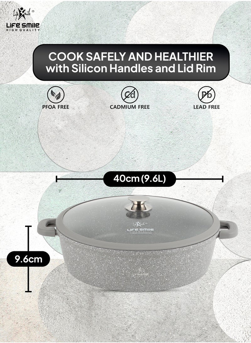 Life Smile 40cm (9.6 Liter) LIFE SMILE Shallow Pot - Multi Layer Non Stick Granite Coating 100% PFOA Free - Glass Lid With Silicone Rim - Detachable Silicone Handles - Oven Safe Frying Pan  - Image 3
