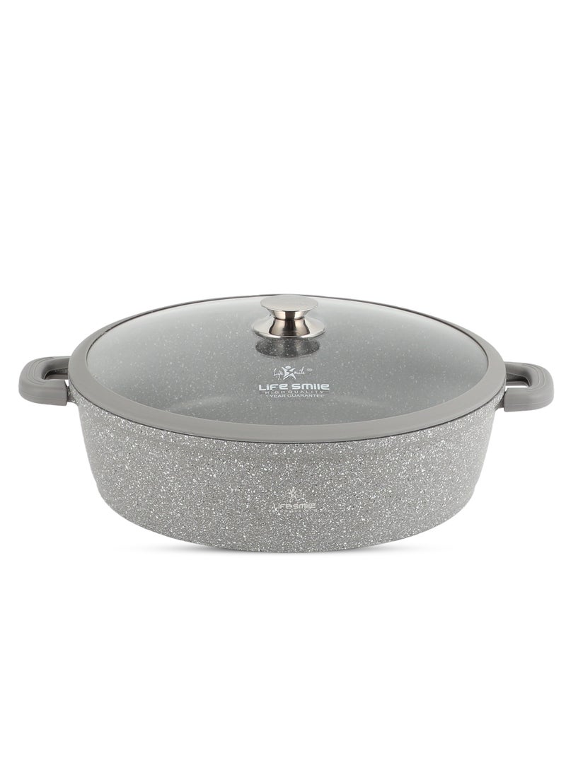 Life Smile 40cm (9.6 Liter) LIFE SMILE Shallow Pot - Multi Layer Non Stick Granite Coating 100% PFOA Free - Glass Lid With Silicone Rim - Detachable Silicone Handles - Oven Safe Frying Pan  - Image 1