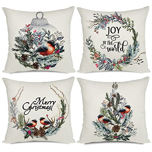 Artmag Christmas Decorations Pillow Covers 18x18 Wreath Bird Joy to the World Merry Christmas Rustic Pillow Cover Shams Cases Slipcovers Decoration Set of 4 for Couch Sofa - Image 1