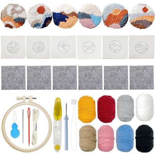 Allazone 6 PCS Punch Needle Coaster Kit with Landscape Patterns Yarns Tools, Felt Embroidery Hoop for DIY Craft - Image 1