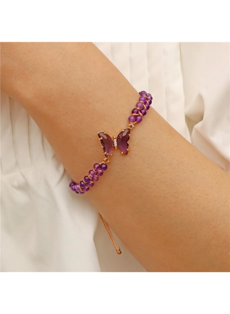 SOLARAE سوار فراشة كريستالي، أساور فراشة علاجية للنساء، سلسلة خرز كريستالي مزدوجة مضفرة، سوار فراشة كريستالي صناعي قابل للتعديل، سوار دقيق، بنفسجي - Image 2