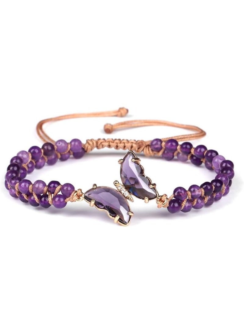 SOLARAE سوار فراشة كريستالي، أساور فراشة علاجية للنساء، سلسلة خرز كريستالي مزدوجة مضفرة، سوار فراشة كريستالي صناعي قابل للتعديل، سوار دقيق، بنفسجي - Image 1