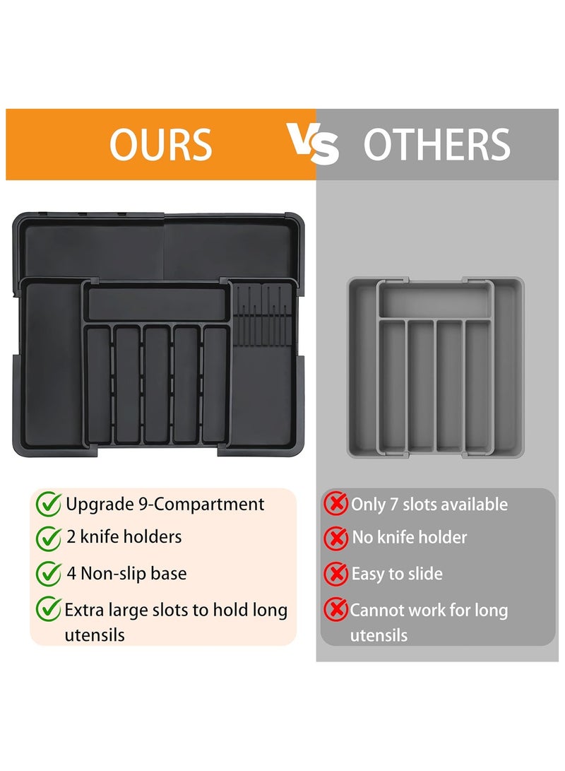 NNEWVANTE Silverware Organizer - Expandable Large Kitchen Drawer Organizer Utensil Organizer with 2 Removable Knife Blocks, 22"x 19"Cutlery Tray Drawer Dividers for Kitchen Flatware(6-9 Slots) (Black)  - Image 3
