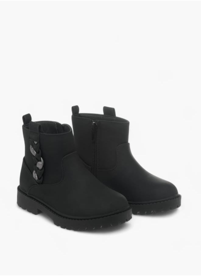 JUNIORS Girls Braid Detail Boots With Zip Closure And Pull Tabs  - Image 2