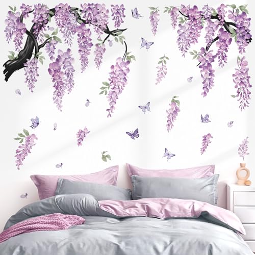 wondever Large Flower Tree Branch Wall Stickers Purple Hanging Vine Floral Butterflies Peel and Stick Wall Art Decals for Living Room Bedroom TV Wall - Image 3