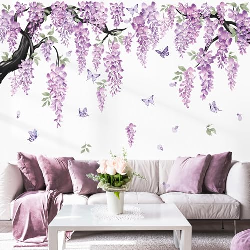 wondever Large Flower Tree Branch Wall Stickers Purple Hanging Vine Floral Butterflies Peel and Stick Wall Art Decals for Living Room Bedroom TV Wall - Image 1