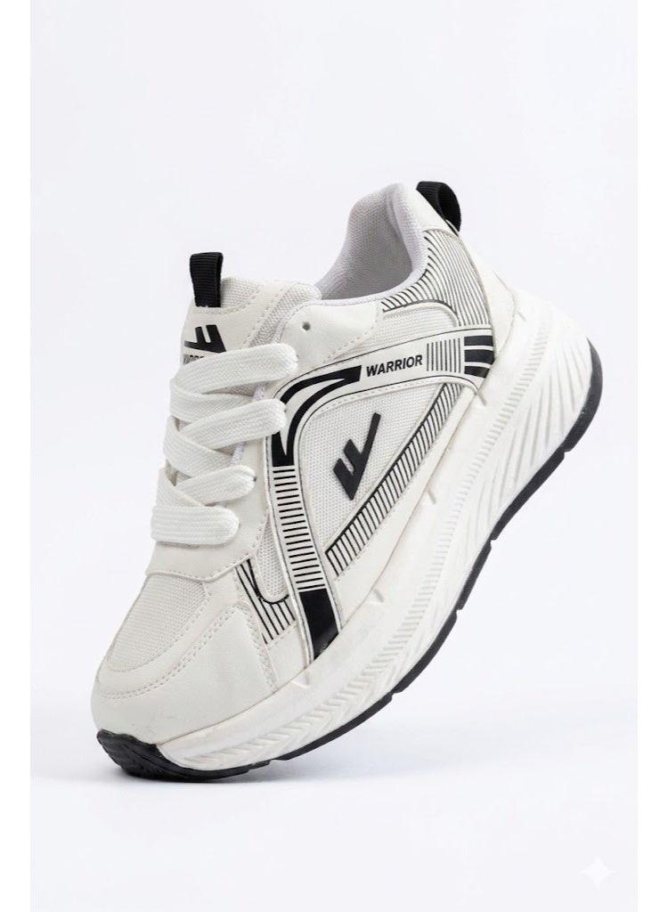 White Casual Sports Shoes with Thick Elevated Chunky Sole, Black Geometric Details & Rear Pull Tab