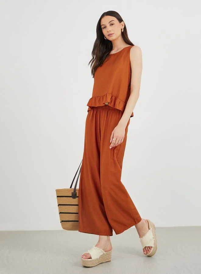تايك تو Take Two Sleeveless Ruffled Trim Top and Wide Leg Pants Co-Ords
