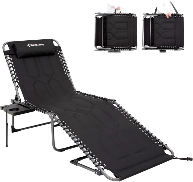 KingCamp Oversize Lounge Chair Outdoor, Extra Large Padded Folding 5 Positions Chaise Tanning Chairs with Pillow & Side Table for Outside Sunbathing Beach Patio Pool Camping (Black) - Image 1