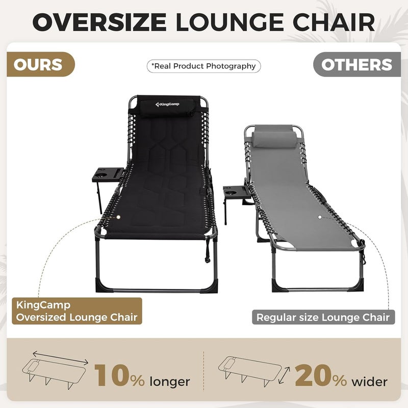 KingCamp Oversize Lounge Chair Outdoor, Extra Large Padded Folding 5 Positions Chaise Tanning Chairs with Pillow & Side Table for Outside Sunbathing Beach Patio Pool Camping (Black) - Image 2