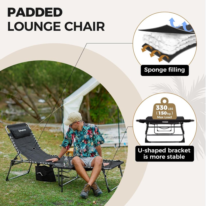 KingCamp Oversize Lounge Chair Outdoor, Extra Large Padded Folding 5 Positions Chaise Tanning Chairs with Pillow & Side Table for Outside Sunbathing Beach Patio Pool Camping (Black) - Image 3