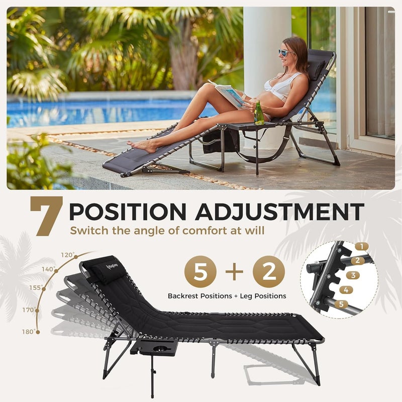 KingCamp Oversize Lounge Chair Outdoor, Extra Large Padded Folding 5 Positions Chaise Tanning Chairs with Pillow & Side Table for Outside Sunbathing Beach Patio Pool Camping (Black) - Image 4
