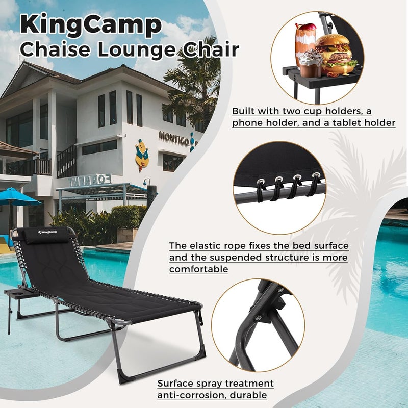 KingCamp Oversize Lounge Chair Outdoor, Extra Large Padded Folding 5 Positions Chaise Tanning Chairs with Pillow & Side Table for Outside Sunbathing Beach Patio Pool Camping (Black) - Image 5