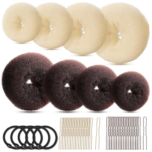 FANDAMEI Hair Bun Maker Set Donut Bun Maker Set With 4pcs Dark Brown 4pcs Beige2 extralarge2 large2 medium and 2 small 5 pieces Hair Elastic Bands 40 pieces Hair Bobby Pins Brown and Gold