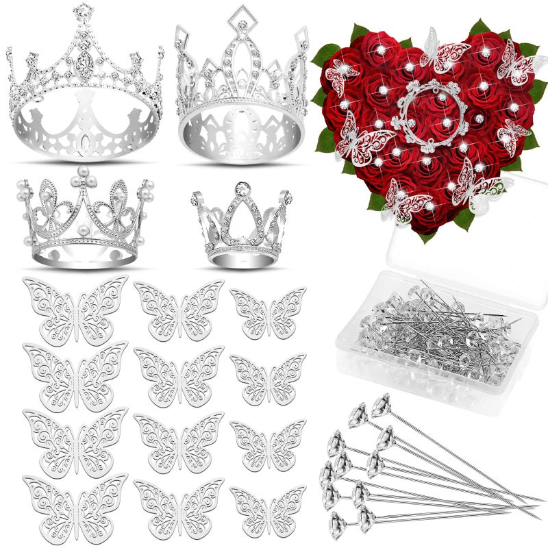 cridoz Flower Bouquet Accessories Including 4 Pcs Silver Crowns, 12 Pcs Butterfly Decorations and 50 Pcs Flower Pins for Flower Bouquets and Cake Topper Decoration - Image 1