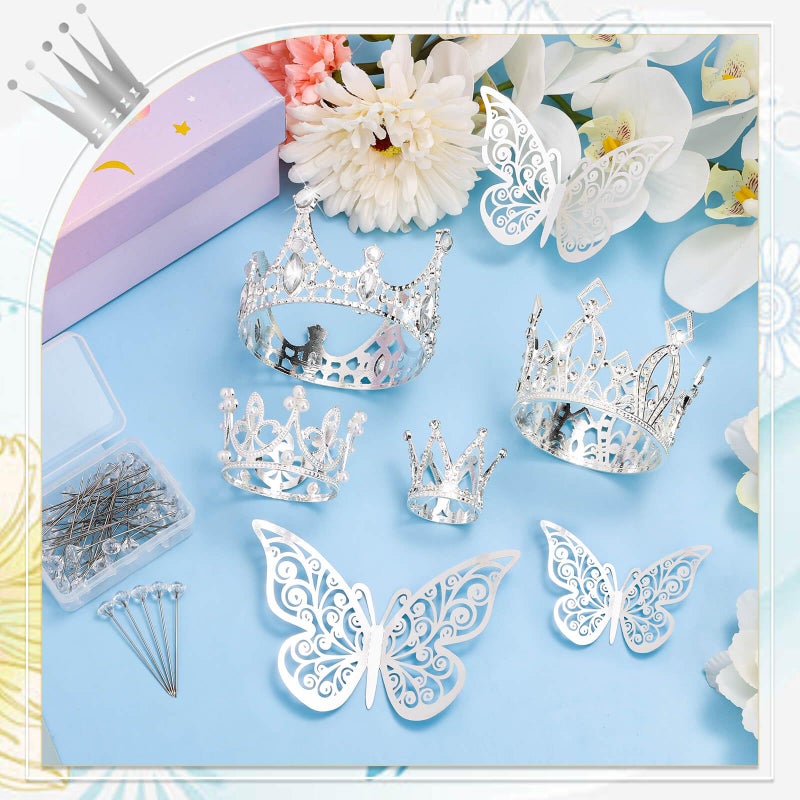 cridoz Flower Bouquet Accessories Including 4 Pcs Silver Crowns, 12 Pcs Butterfly Decorations and 50 Pcs Flower Pins for Flower Bouquets and Cake Topper Decoration - Image 2