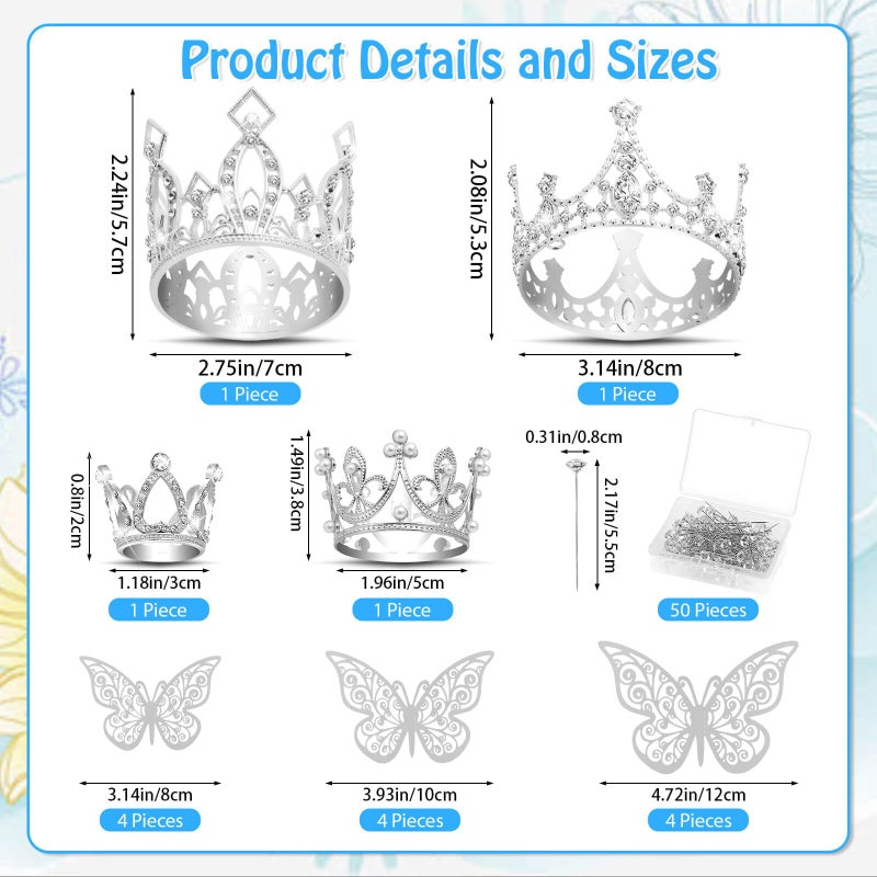 cridoz Flower Bouquet Accessories Including 4 Pcs Silver Crowns, 12 Pcs Butterfly Decorations and 50 Pcs Flower Pins for Flower Bouquets and Cake Topper Decoration - Image 3