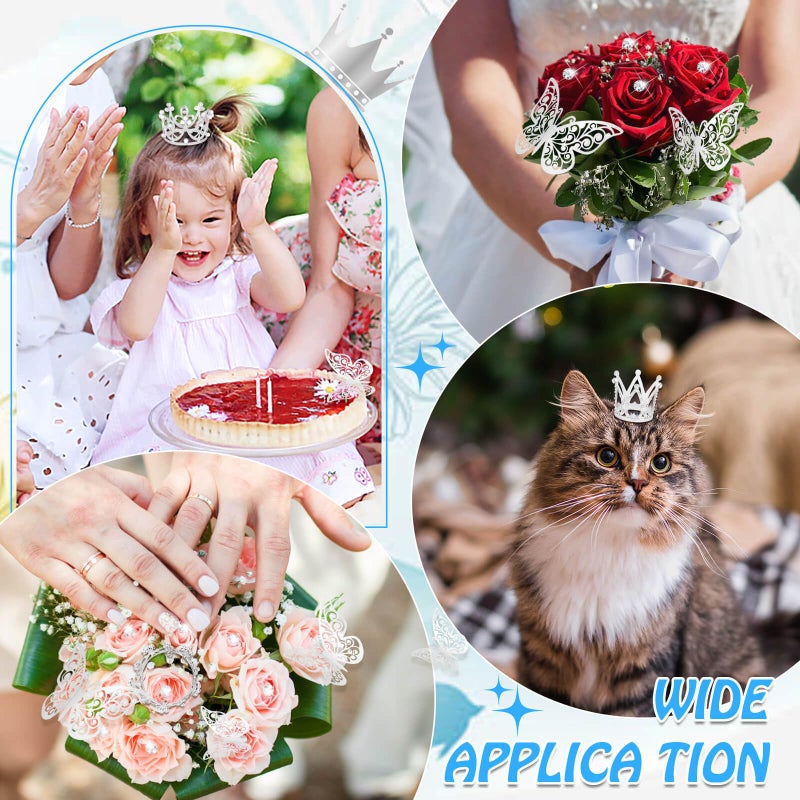 cridoz Flower Bouquet Accessories Including 4 Pcs Silver Crowns, 12 Pcs Butterfly Decorations and 50 Pcs Flower Pins for Flower Bouquets and Cake Topper Decoration - Image 5