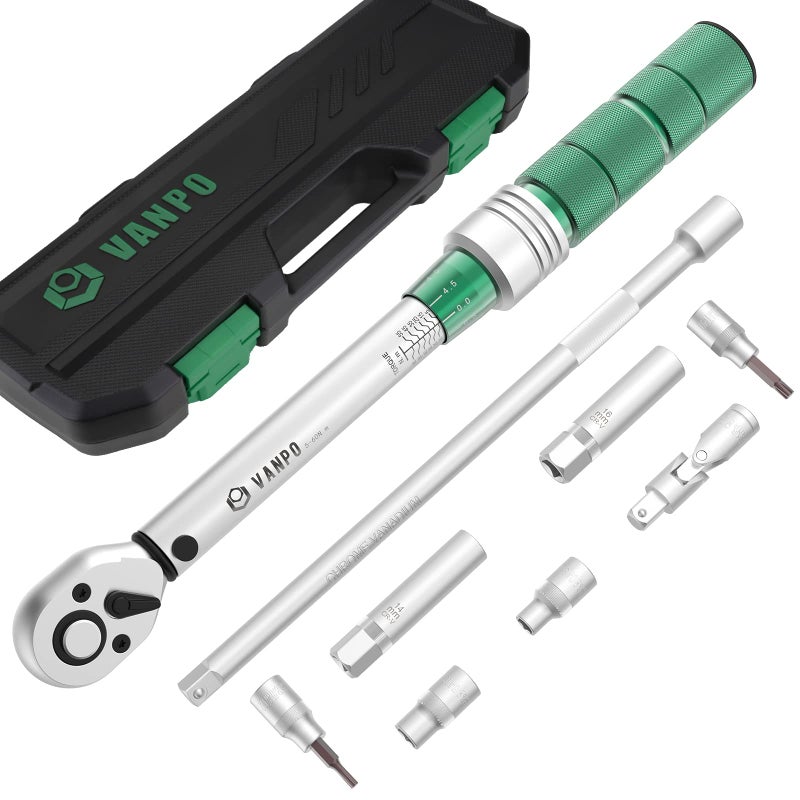 VANPO Torque Wrench 3/8 Inch, 5-60 Nm Bicycle & Motorcycle Set, ±3% Error Accuracy with 250 mm Extension Rod, Universal Joint, Magnetic Spark Plug Sleeve, Bits and Socket - Image 1