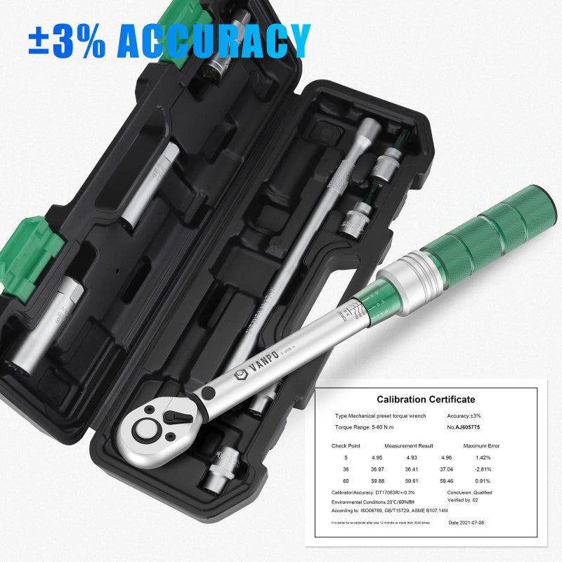 VANPO Torque Wrench 3/8 Inch, 5-60 Nm Bicycle & Motorcycle Set, ±3% Error Accuracy with 250 mm Extension Rod, Universal Joint, Magnetic Spark Plug Sleeve, Bits and Socket - Image 2