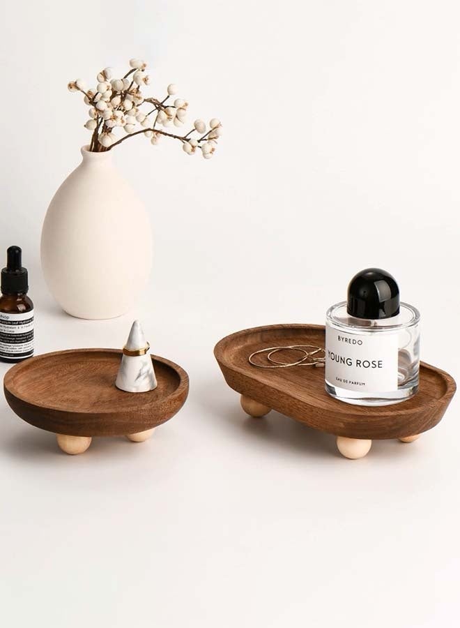 YIM-VIBEHAUS 2 Pack Retro Wooden Jewelry Tray, Decorative Tray for Home Decor, Display Tray for Perfumes, Candles, Jewelry, Watch, Small Treasures, Coffee, Food ( 12.9x12.9x4cm, 11.8x19.8x4.3cm) - Image 4
