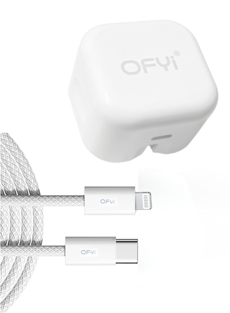 شاحن OFYI السريع بقوة 25 وات مع كابل USB-C مضفر إلى Lightning - متوافق مع iPhone 15/14/13/12/11/XS/XR، iPad Pro/Air/Mini، AirPods - محول شحن سريع لأجهزة Apple - إصدار الإمارات العربية المتحدة - Image 1