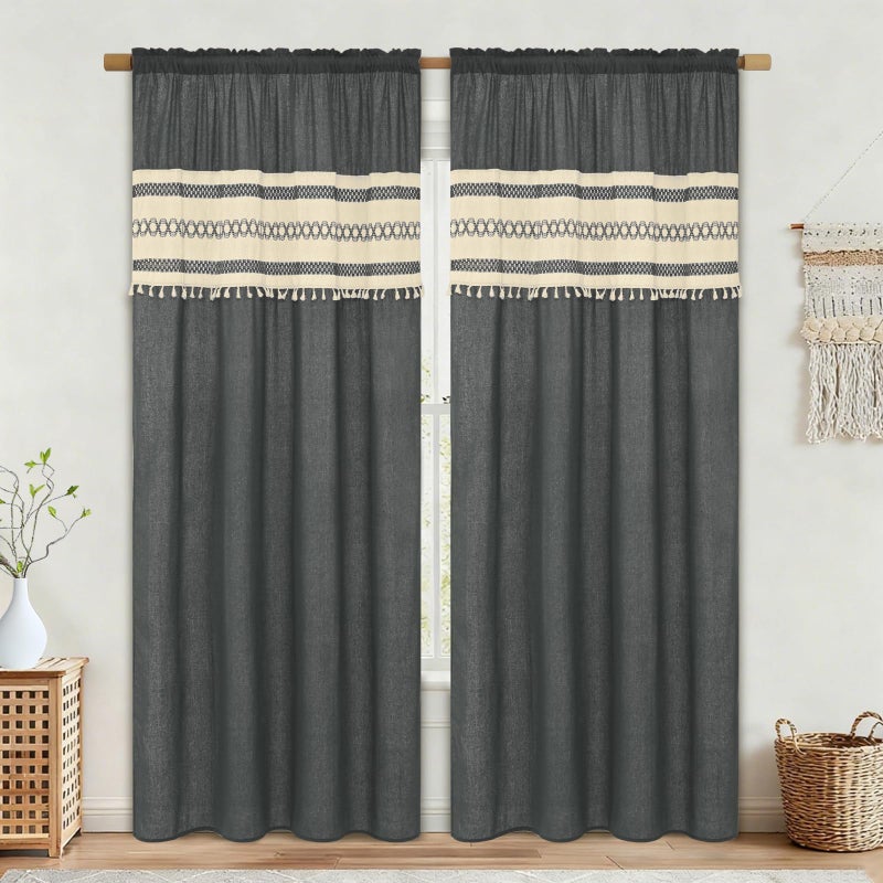 FRAMICS Linen Curtains for Living Room Farmhouse Curtains for Bedroom Grey Window Curtain Boho Crochet Drapes 84 Inch Length 2 Panels Set Light Filtering Rod Pocket Window Treatment - Image 1