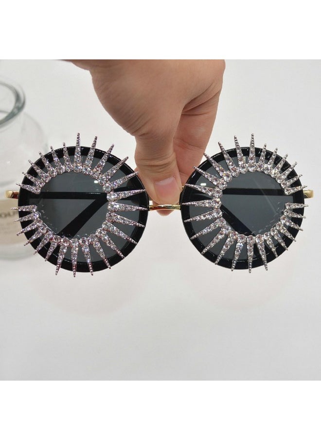 Mincl Bling Diamond Round Sunglasses For Women Fashion Crystal Rhinestone Sunglasses Cute Party Decorations Sun Glasses (Black)  - Image 2