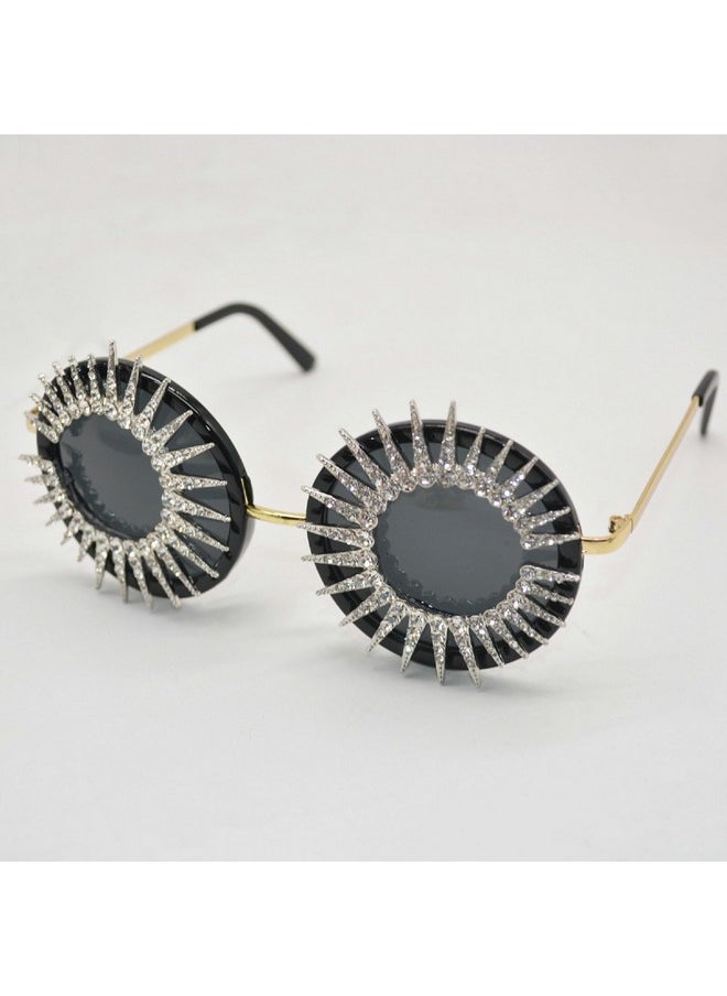 Mincl Bling Diamond Round Sunglasses For Women Fashion Crystal Rhinestone Sunglasses Cute Party Decorations Sun Glasses (Black)  - Image 3