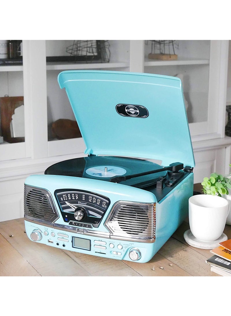 Steepletone - Steepletone Roxy 4 1960s Retro Style Vinyl Record Player Blue 4 in 1 Music Center, CD Player, Radio, USB/SD Mp3 Playback Recording and Encoding - Image 1