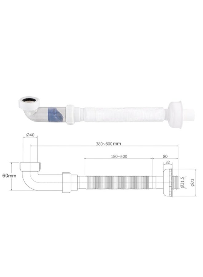 أنبوب تصريف تلسكوبي قابل للسحب ومضاد للرائحة، أنبوب بلاستيكي مرن قصير للغاية ومضاد للتدفق العكسي، مناسب لسباكة المطبخ والحمام والحوض, أبيض