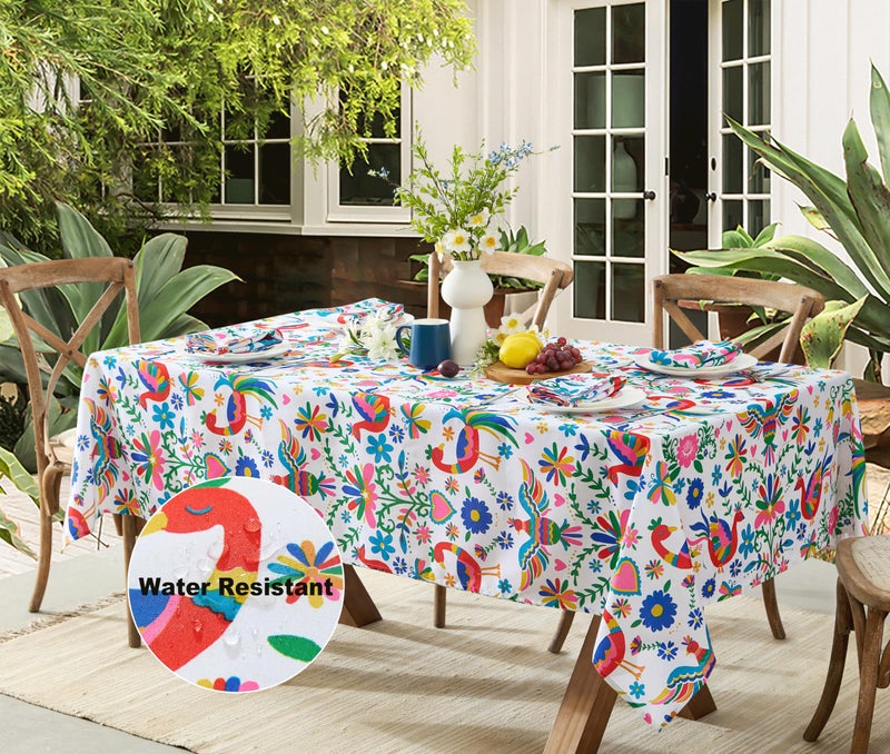 Newbridge Otomi Birds Folk Art Fabric Tablecloth 52 Inch x 52 Inch Square Colorful Otomi Folk Art Water and Stain Resistant NoIron Fabric Tablecloth for Dining Parties and Barbecues