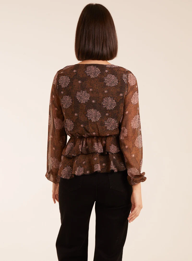 Blue Vanilla Floral Ruffle Wrap Blouse