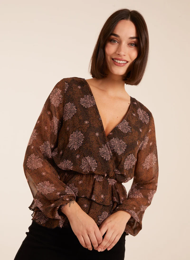 Blue Vanilla Floral Ruffle Wrap Blouse