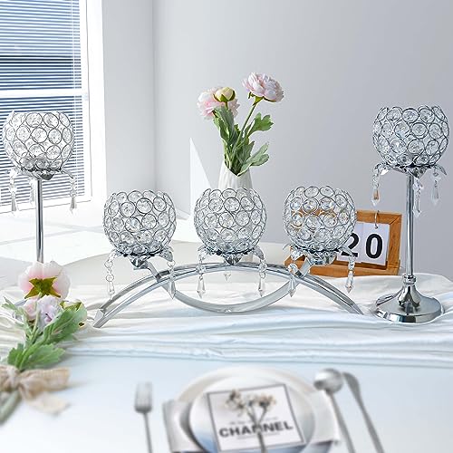 Kehail Set of 3 Silver Crystal Tea Light Candlestick Holders Flower Shape with Crystal Pendant Bowl Votive Metal Candle Holder for Table Centerpieces Wedding Home Decor - Image 2