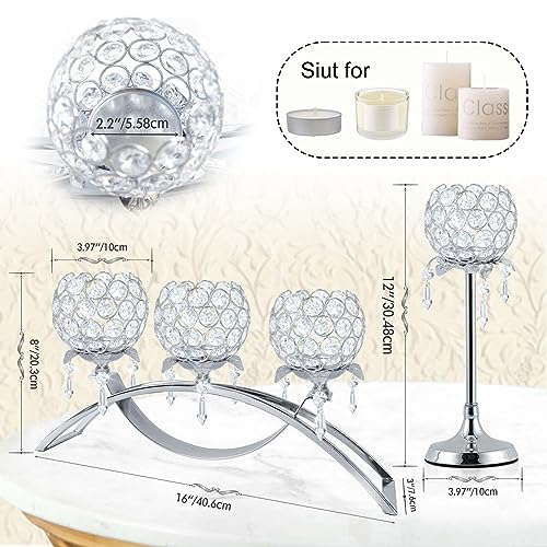 Kehail Set of 3 Silver Crystal Tea Light Candlestick Holders Flower Shape with Crystal Pendant Bowl Votive Metal Candle Holder for Table Centerpieces Wedding Home Decor - Image 4